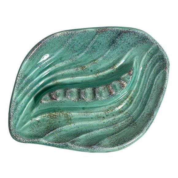 VTG Glazed Ceramic Leaf-Shaped Soap Dish Trinket Holder Ashtray MCM No Chips - Picture 2 of 7